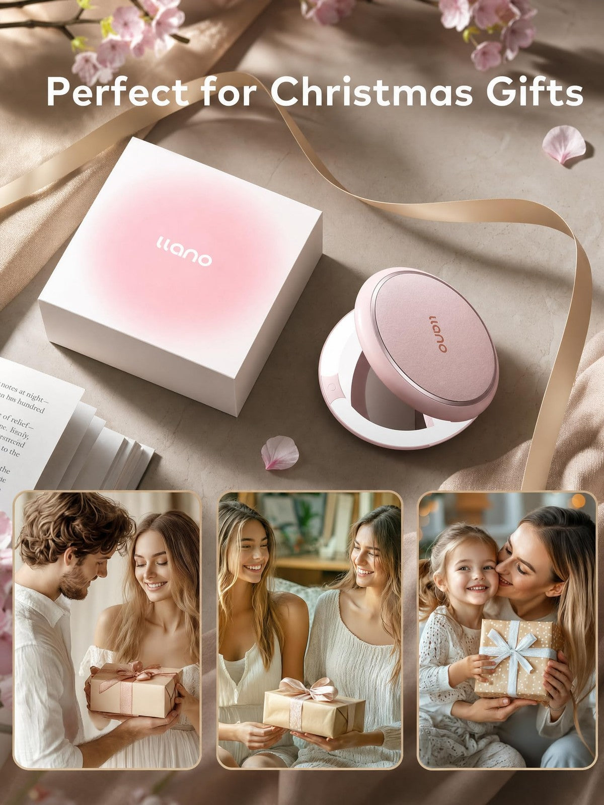 Lighted Travel Makeup Mirror with 1X/2X Magnification, Dimmable Compact Pink