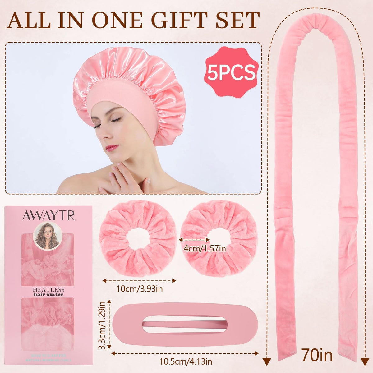 Velvet Heatless Hair Curler Set - 5Pcs, No Heat, Deep Pink