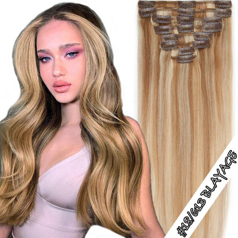 Clip-In Human Hair Extensions - Full Head 8 Pieces, Multiple Colors & Lengths