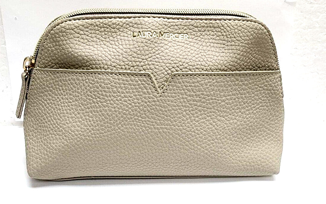 Small Makeup Bag - Muted Beige Faux Leather Cosmetic Organizer