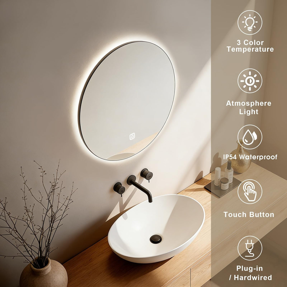 20 Inch LED Bathroom Mirror with Lights, Dimmable & Color Changing Backlit Vanity