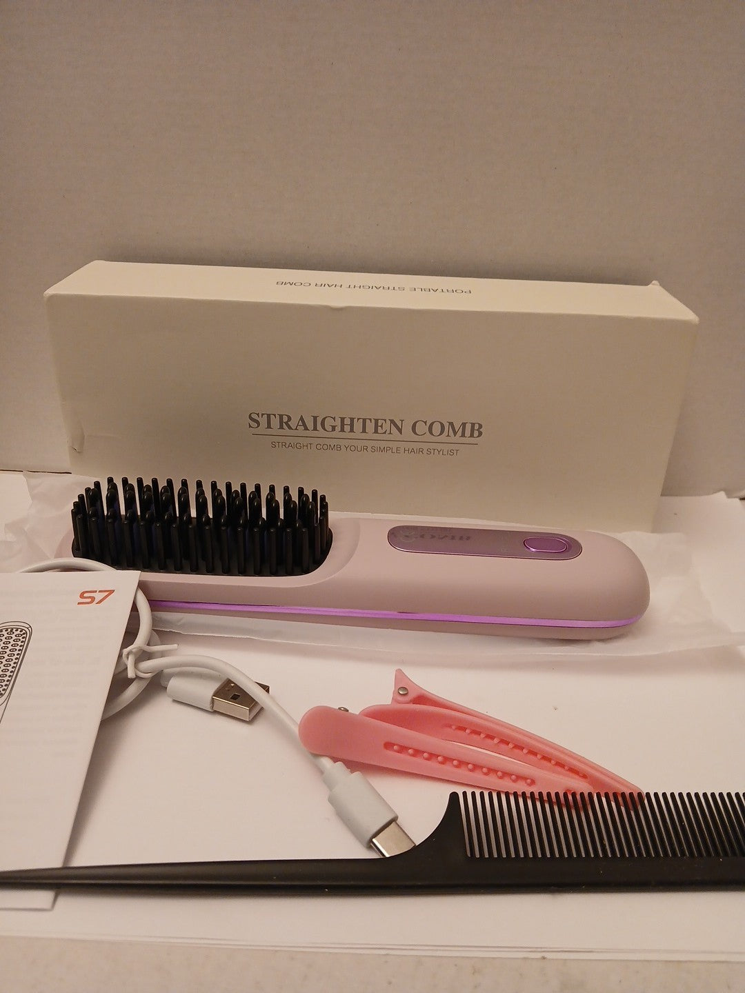 Rechargeable Portable Hair Straightening Comb, Purple for Hair Styling