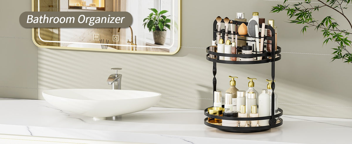 Rotating Makeup Organizer with 2 Tiers for Vanity and Bathroom Storage