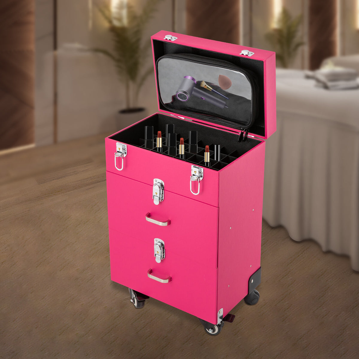 Large Capacity Rolling Makeup Train Case with Locking Compartments and Wheels