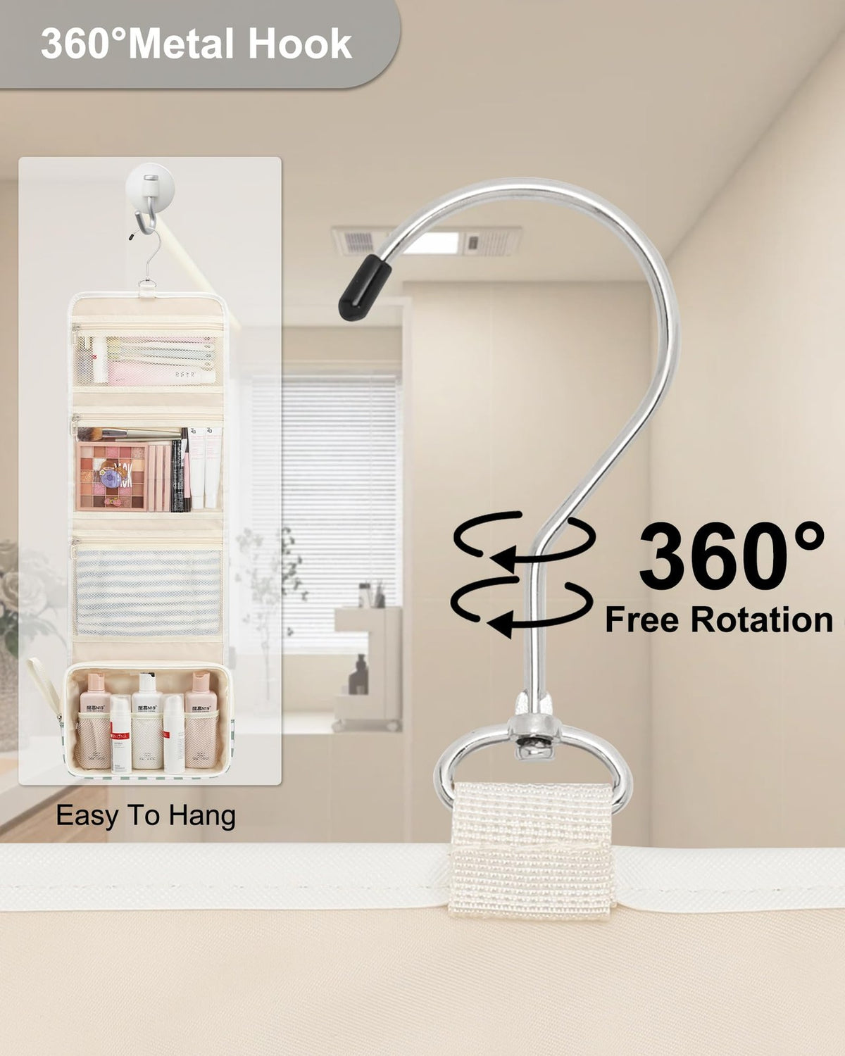 Travel Hanging Toiletry Bag with 360° Swivel Hook & Large Capacity