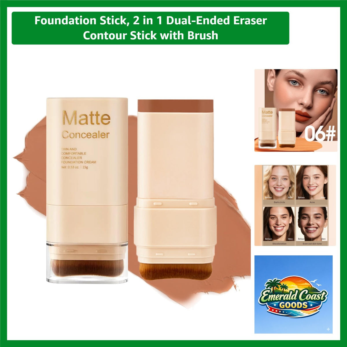 Dual-Ended Foundation and Concealer Stick with Brush for Easy Makeup Touch-Ups