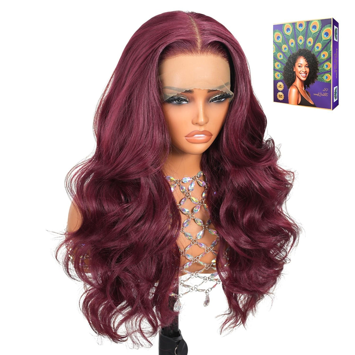 Burgundy 24 Inch Body Wave HD Lace Front Wig with Baby Hair - Glueless, 200% Density
