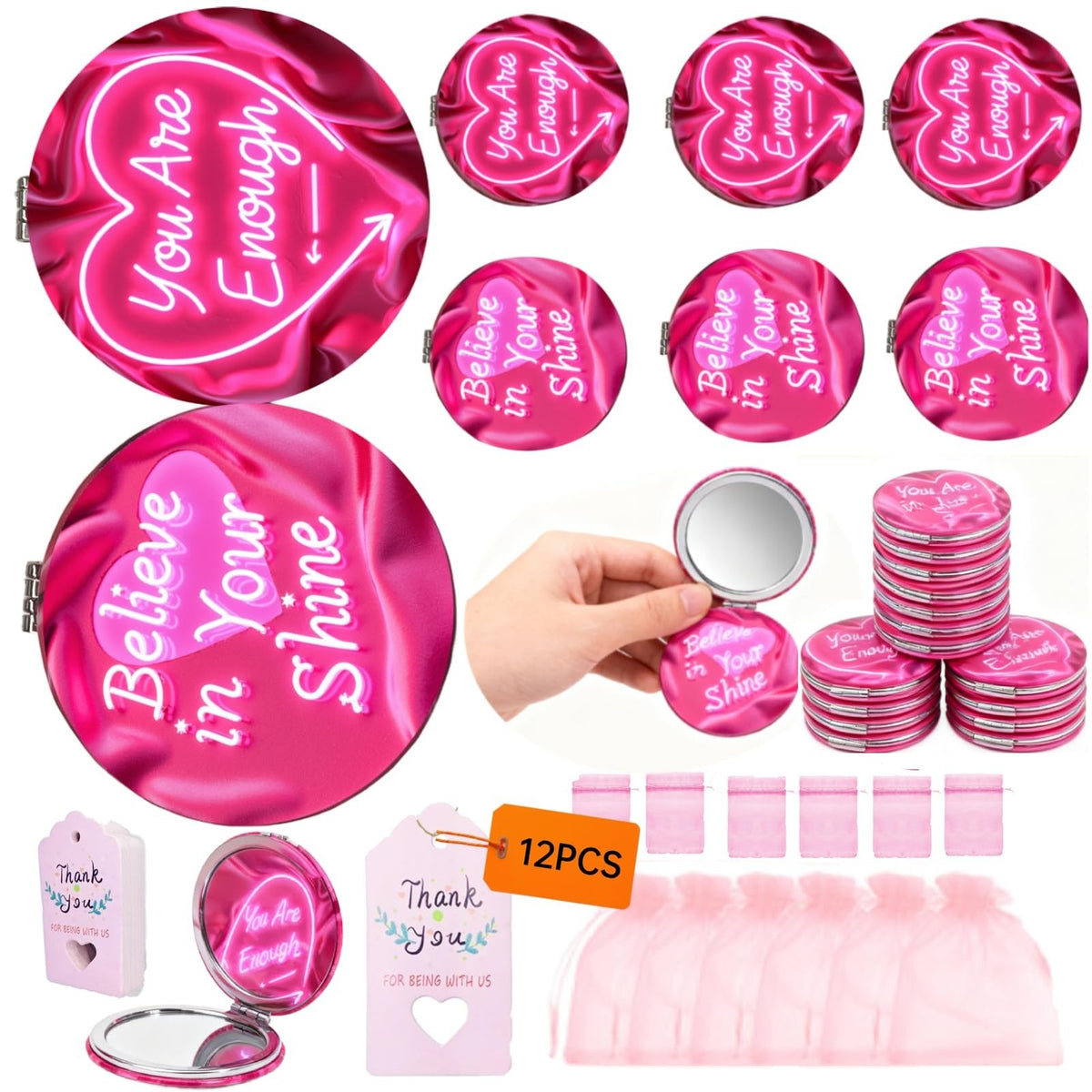 12 Pack Pink Travel Compact Mirrors with Affirmations and Gift Bags for Women and Girls