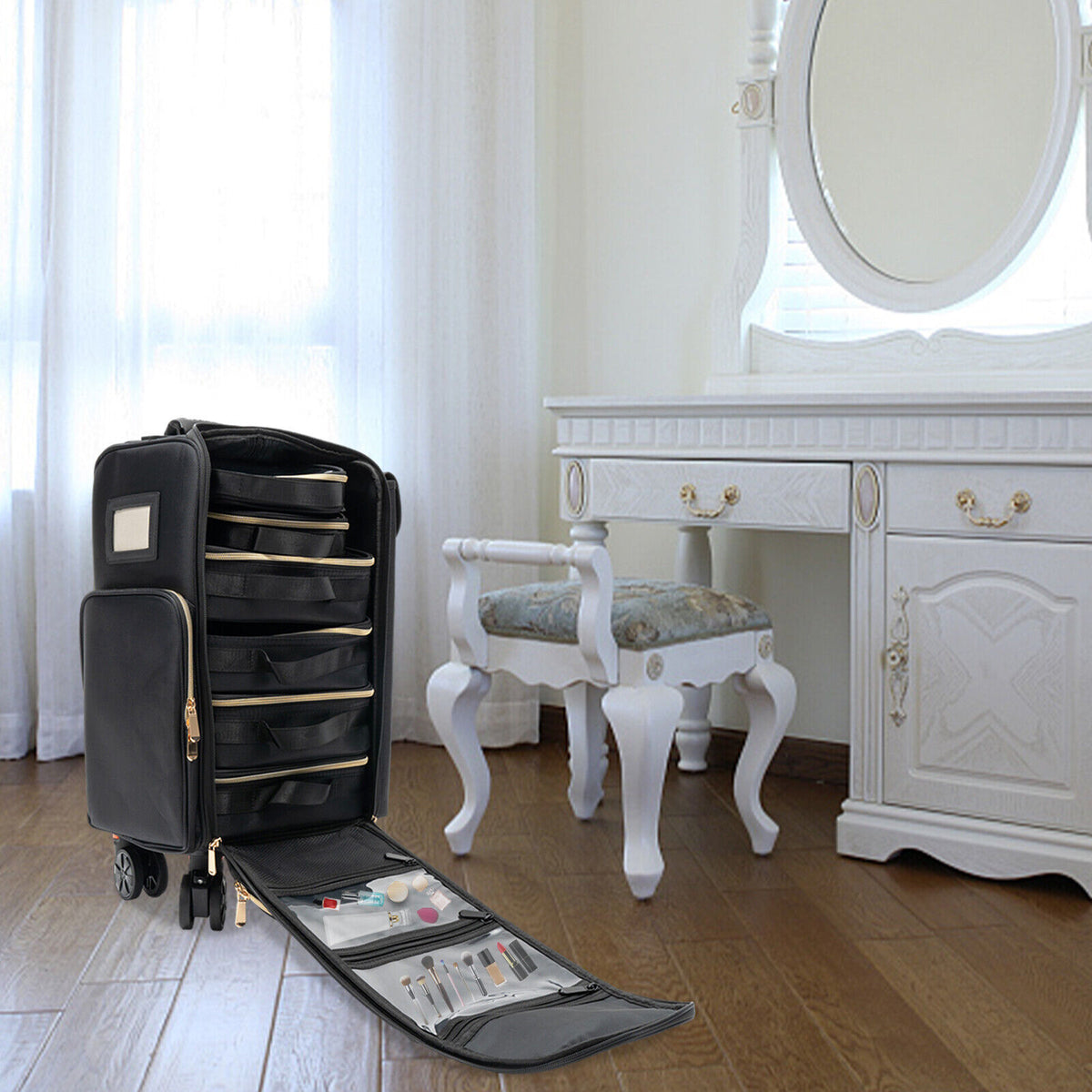 Professional Rolling Makeup Case with Organizer, Travel Cosmetic Storage