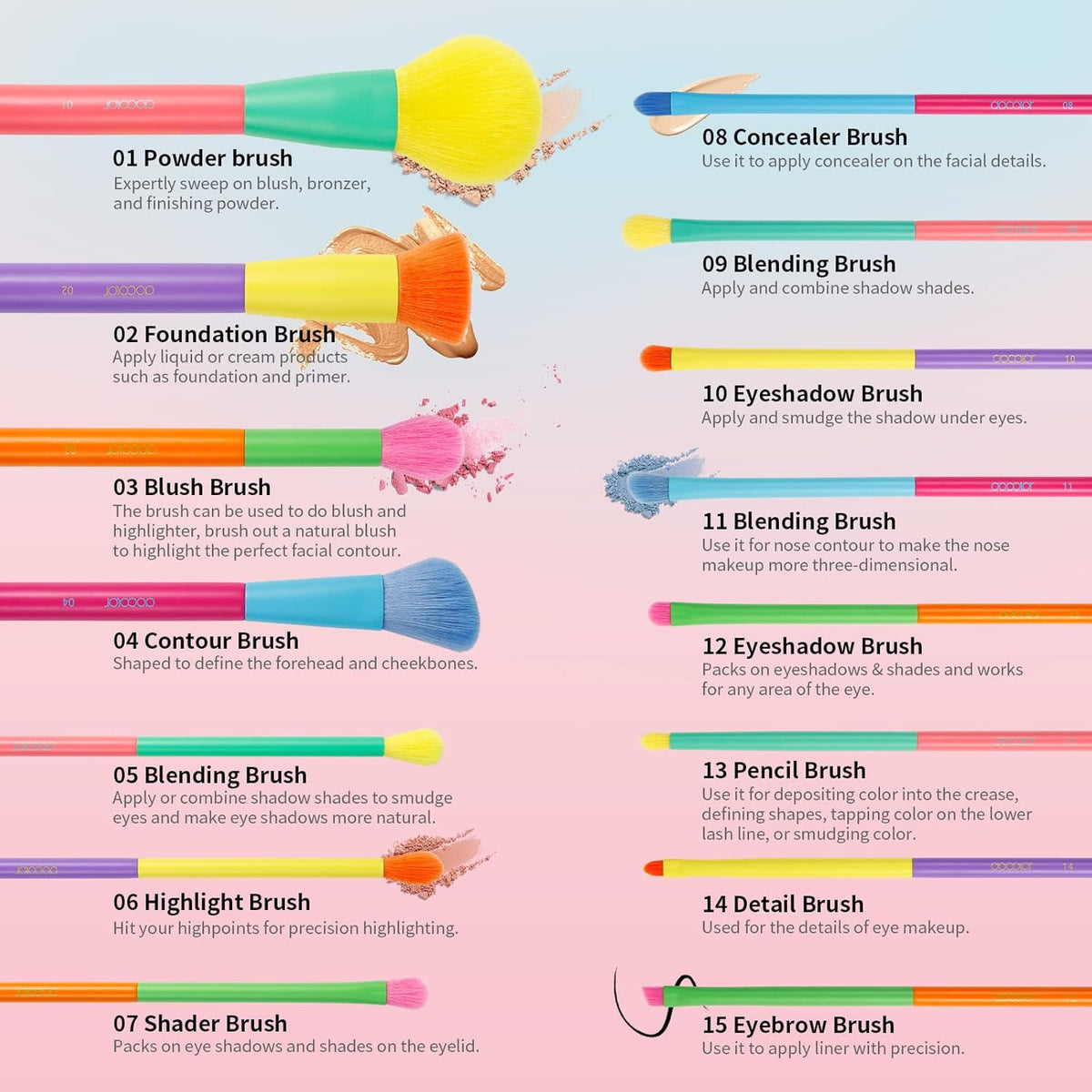 15-Piece Colorful Synthetic Makeup Brush Set for Face & Eyes