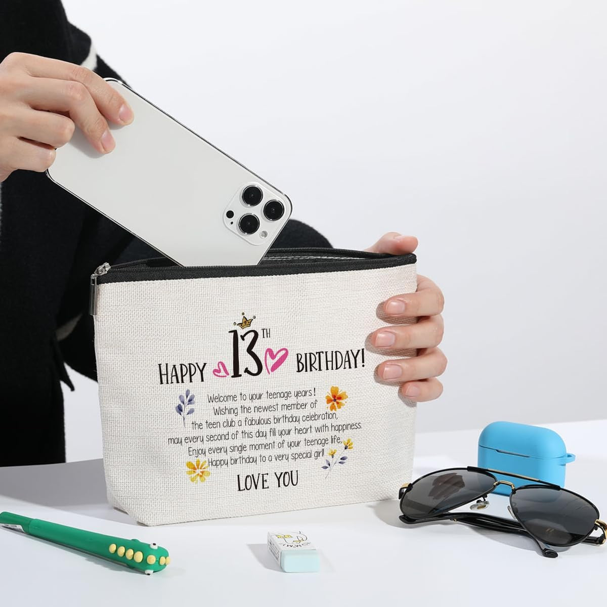 13th Birthday Gift for Girls - Water-Resistant Makeup Bag with Heart Zipper