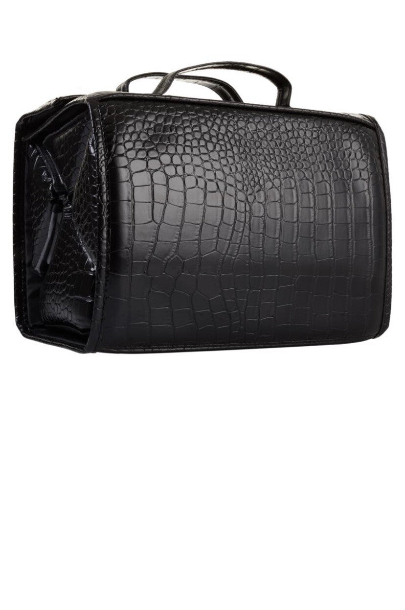 Large Croco Embossed Makeup Organizer Case with Handles - Blue