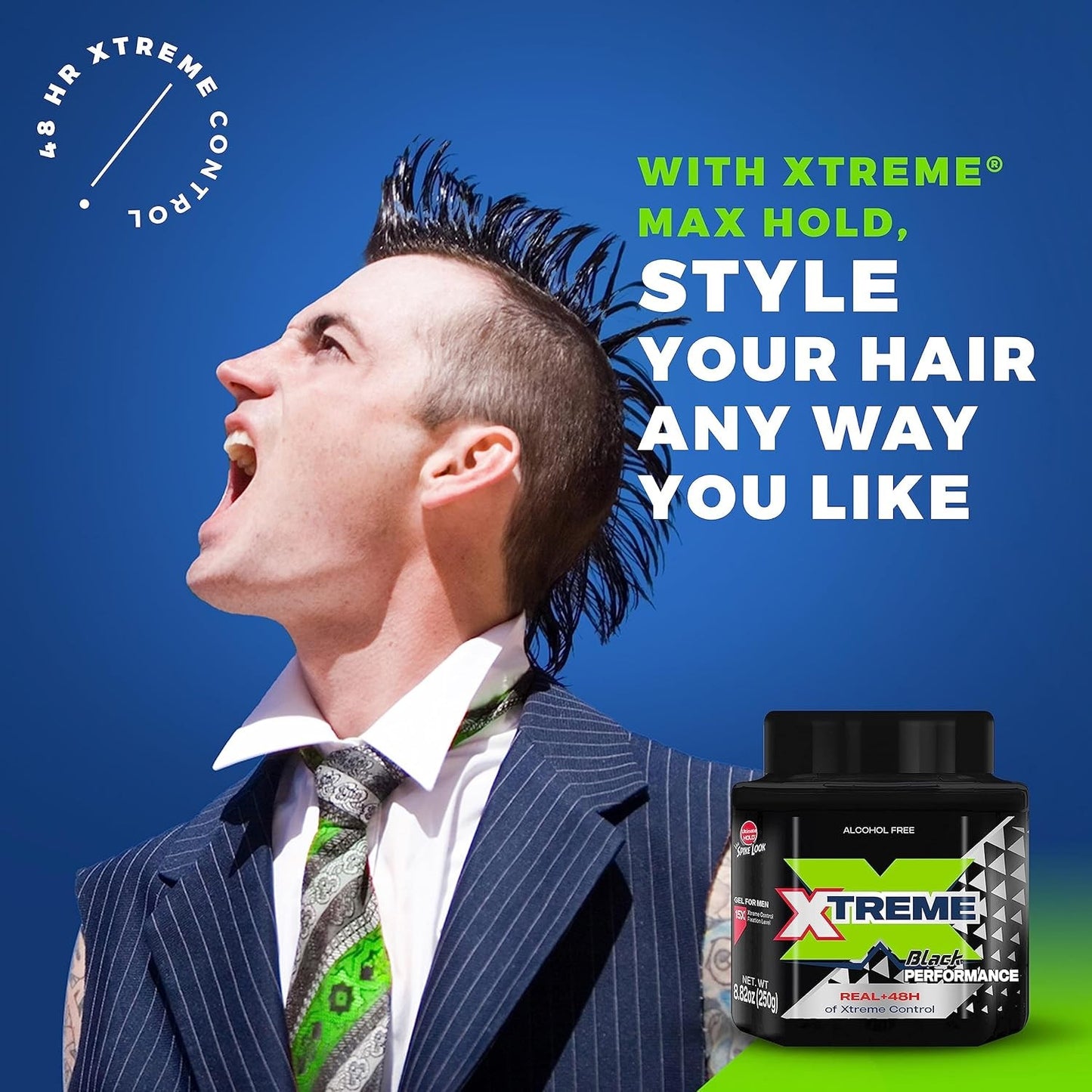 Extreme Black Hair Gel - Extra Strong Hold, 48H Control, Alcohol-Free 8.81 Oz