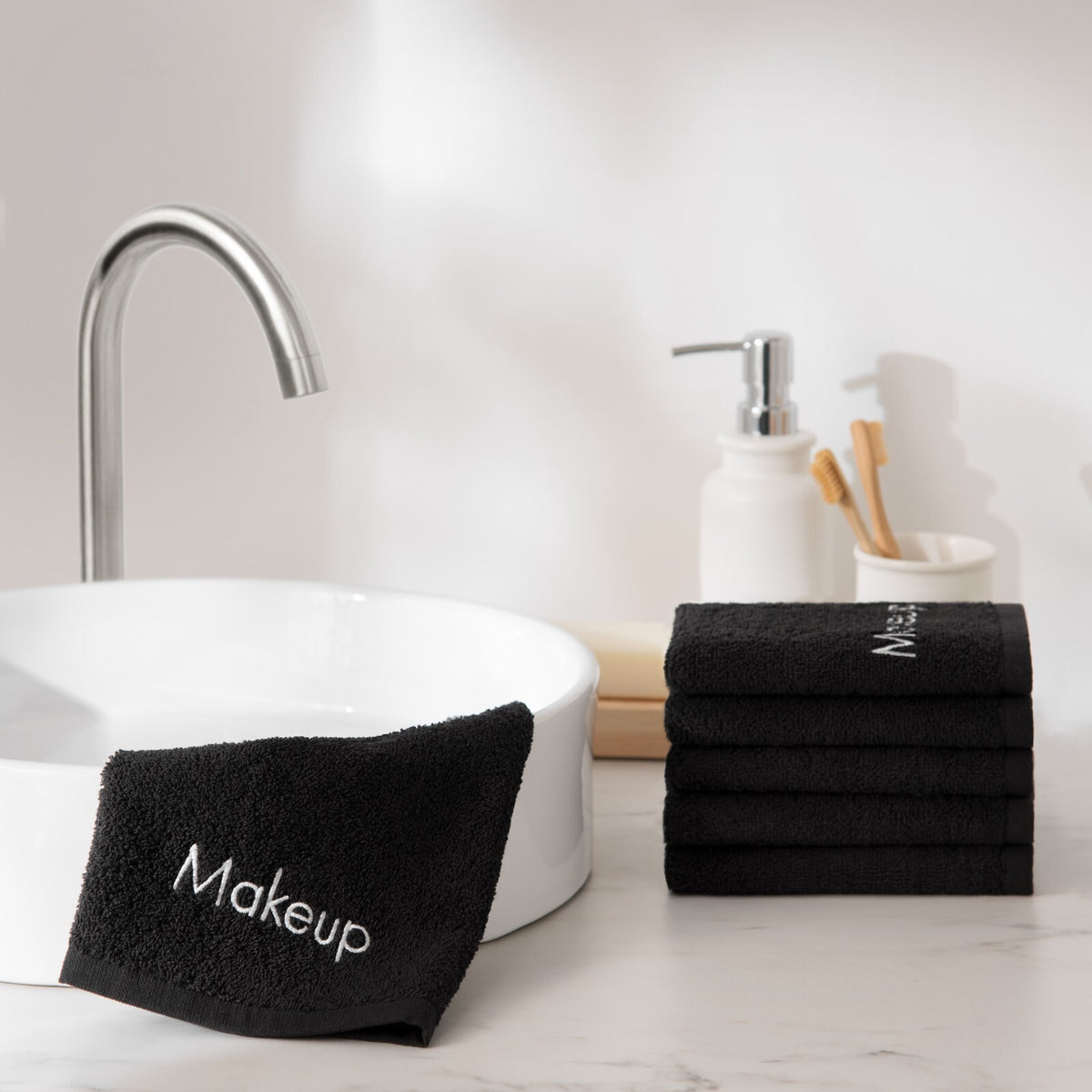 Black Cotton Makeup Removal Towels - 6 Pack, 13x13 Inch Washcloths