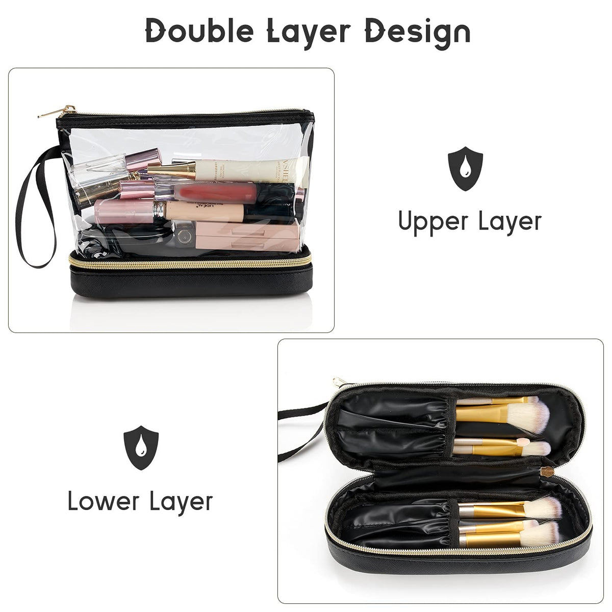 Small Clear Travel Makeup Bag with Double Layers and Faux Leather Handle