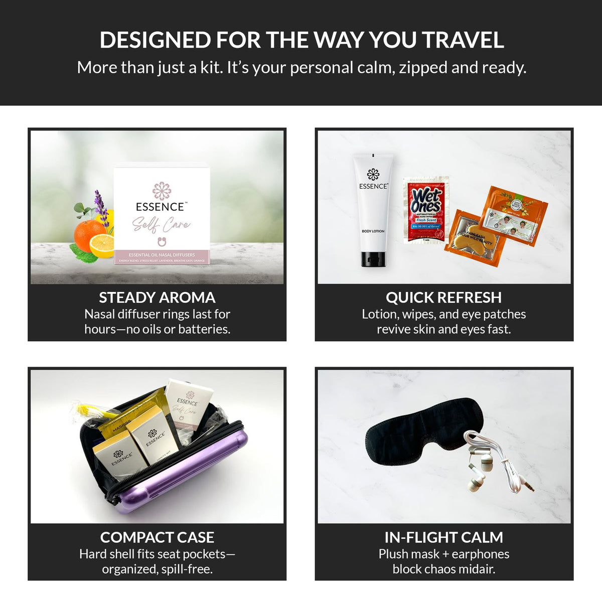 Travel Toiletry Kit with Aromatherapy Diffuser Rings & Sleep Mask