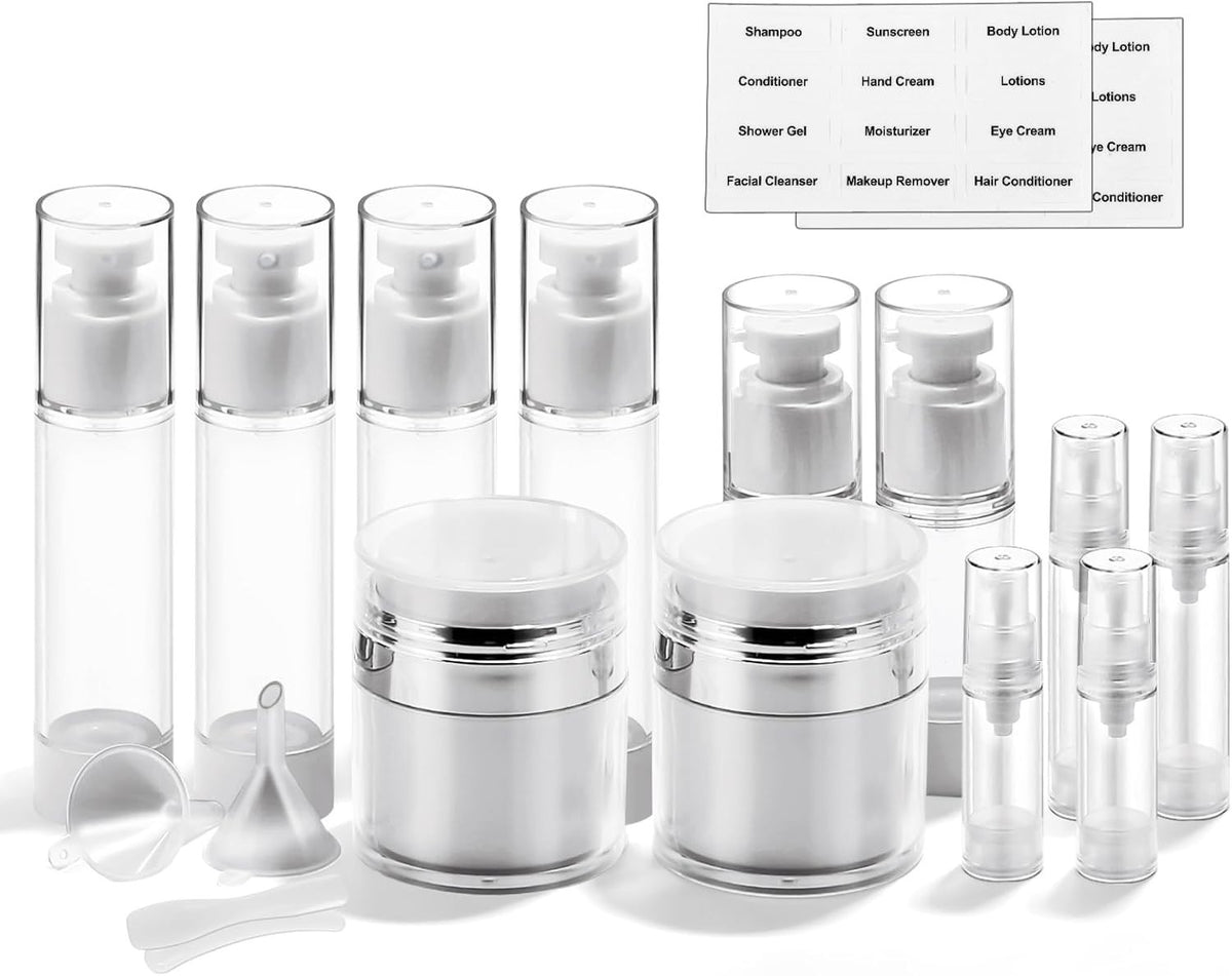 18 Pack Airless Pump Cosmetic Containers with Various Sizes & Accessories