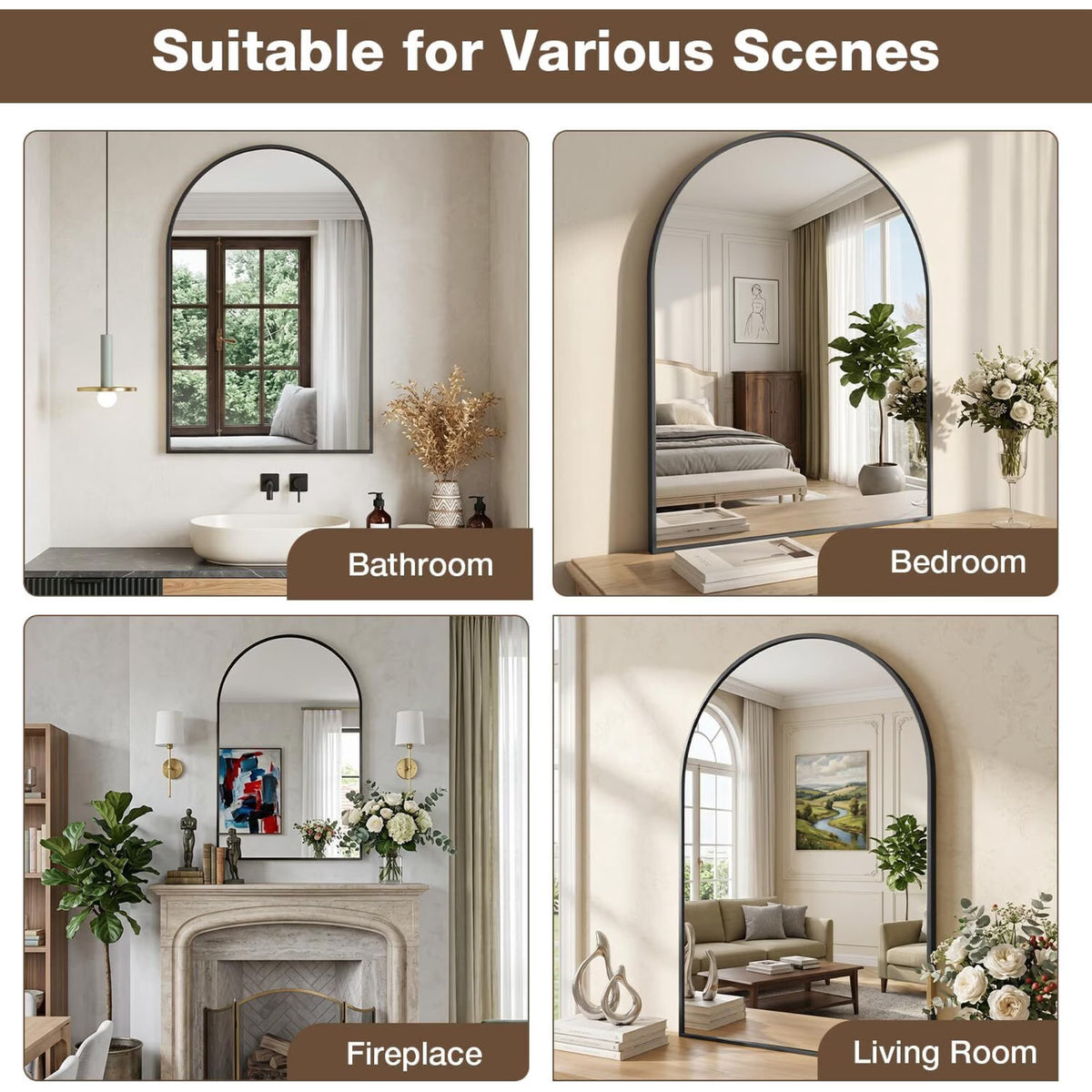 Arched 24x16 Bathroom Mirror with Black Aluminum Frame - Wall Mounted Vanity Mirror