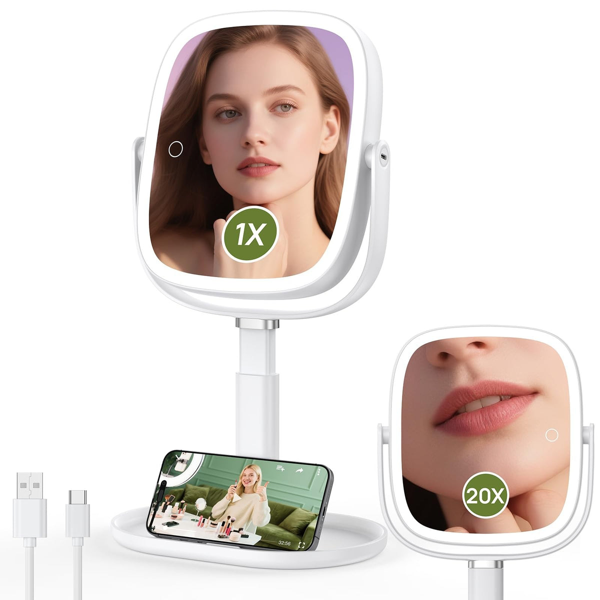 Lighted Makeup Mirror with Magnification & Adjustable Height - White