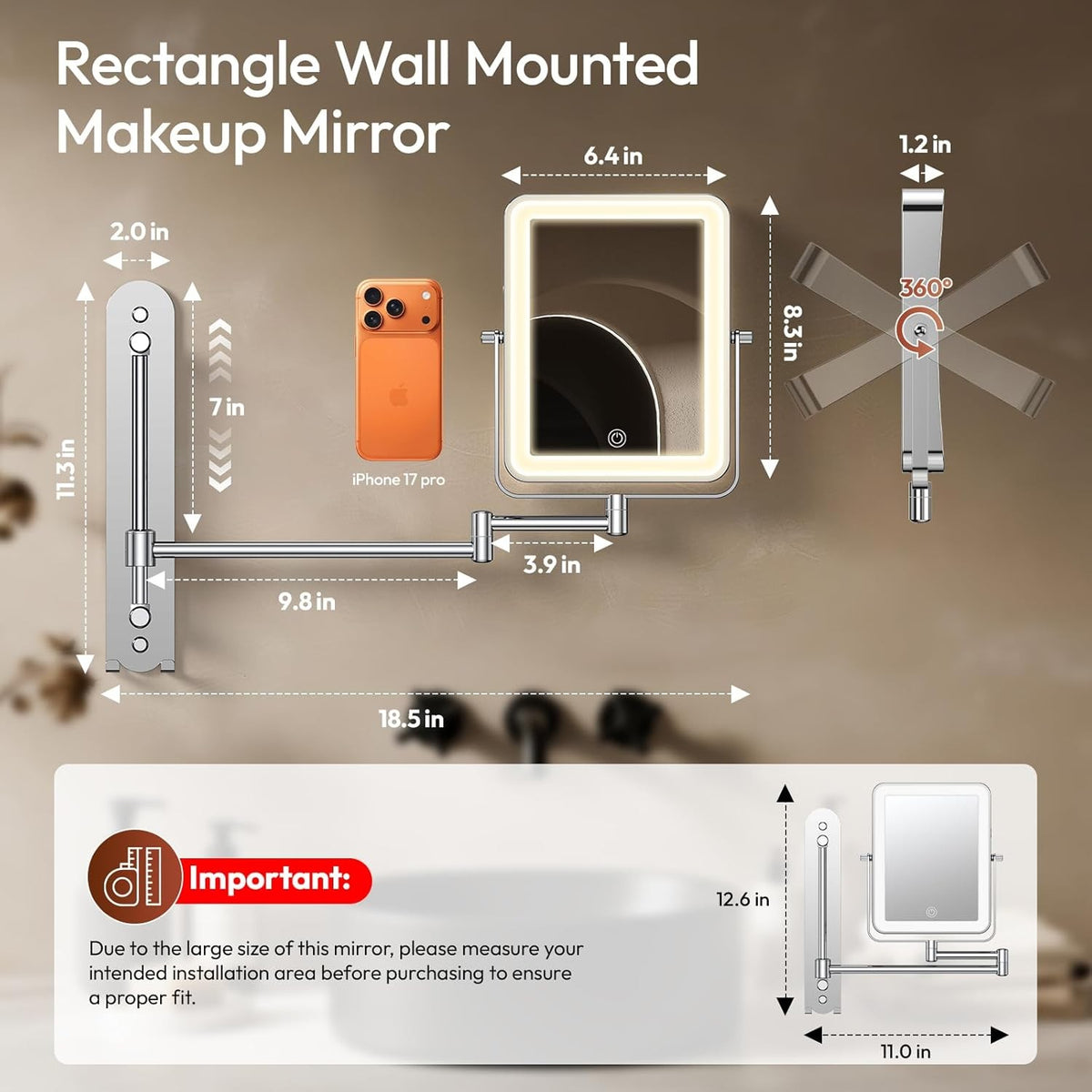 Height Adjustable Wall Mounted Lighted Makeup Mirror with 10X Magnification