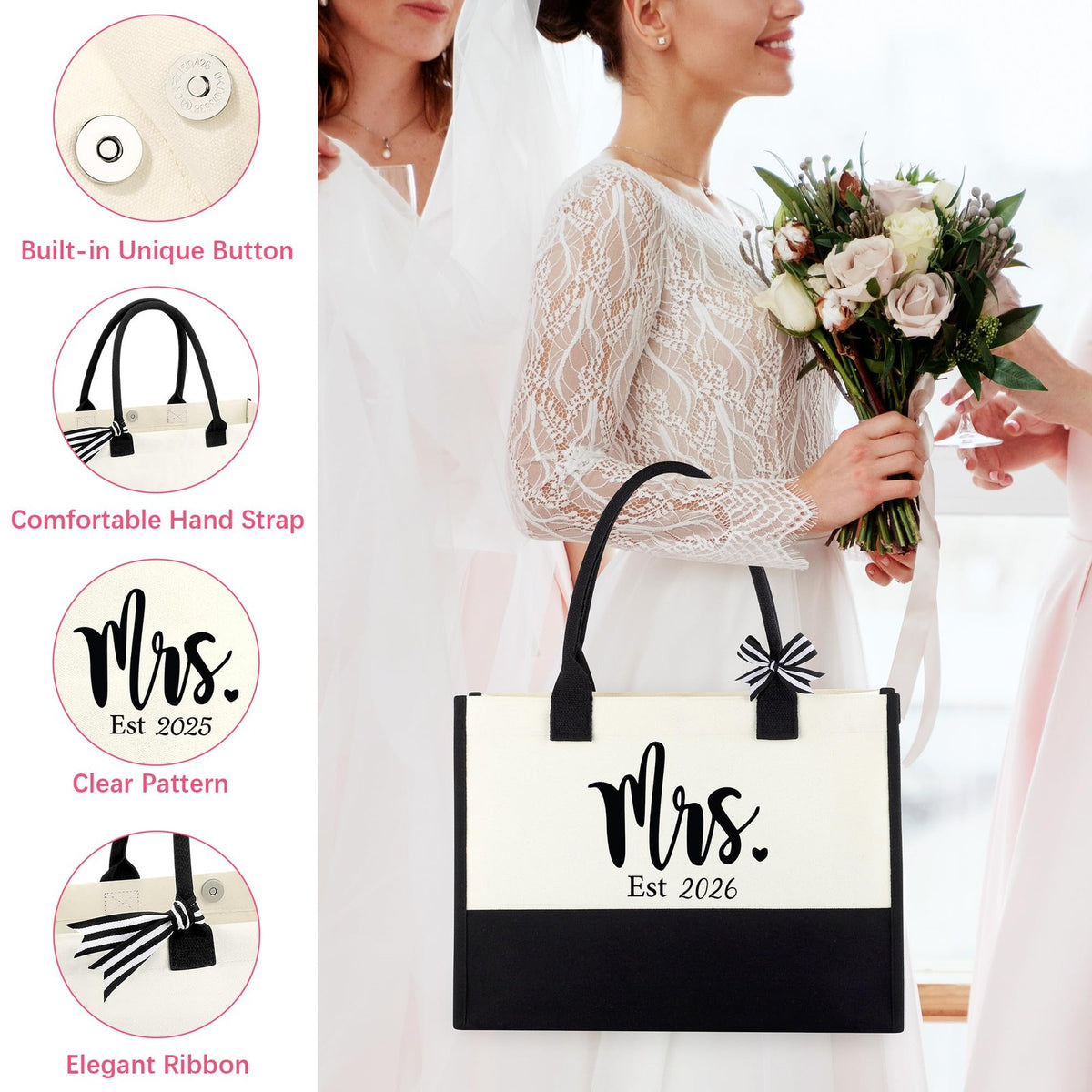 Bride Gift Set with Glass Cup Tote Cosmetic Pouch & Greeting Card - Bridal Shower & Wedding