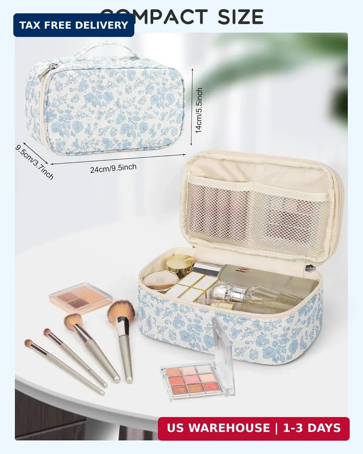 Travel Makeup Bag with Compartments - Small Floral Cosmetic Organizer