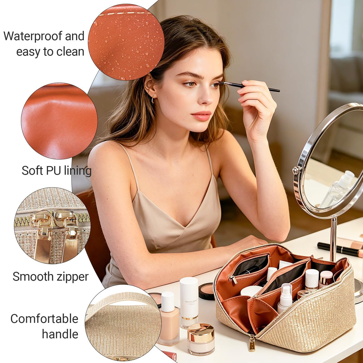 Travel Makeup Bag with Compartments Flat Open Cosmetic Pouch for Women
