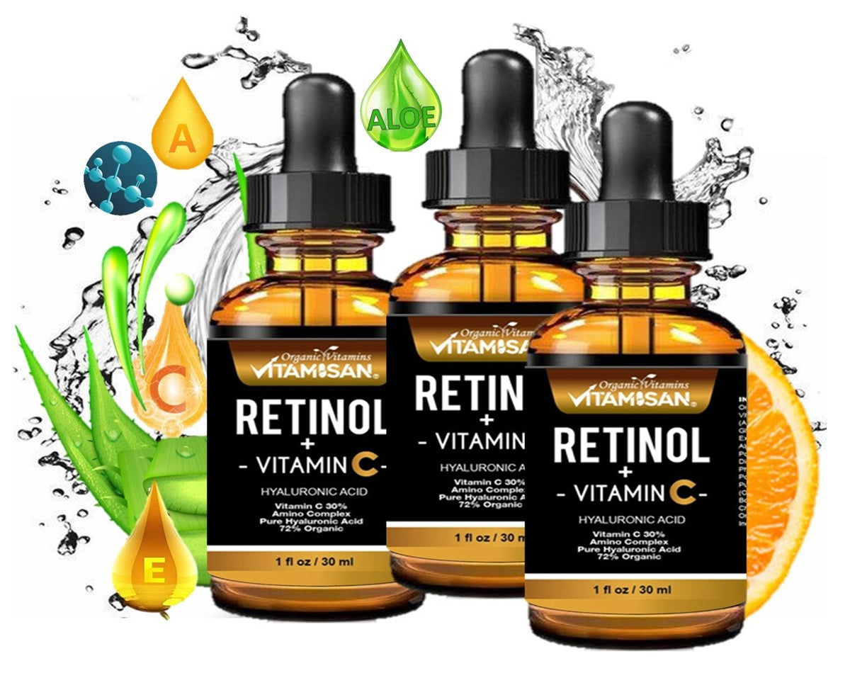 Retinol Vitamin C Hyaluronic Acid Face Serum Anti-Aging Wrinkle Treatment - 3 Oz