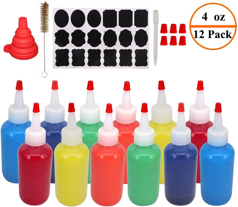 12 Pack 4oz Plastic Squeeze Bottles with Red Caps for Kitchen & Crafts