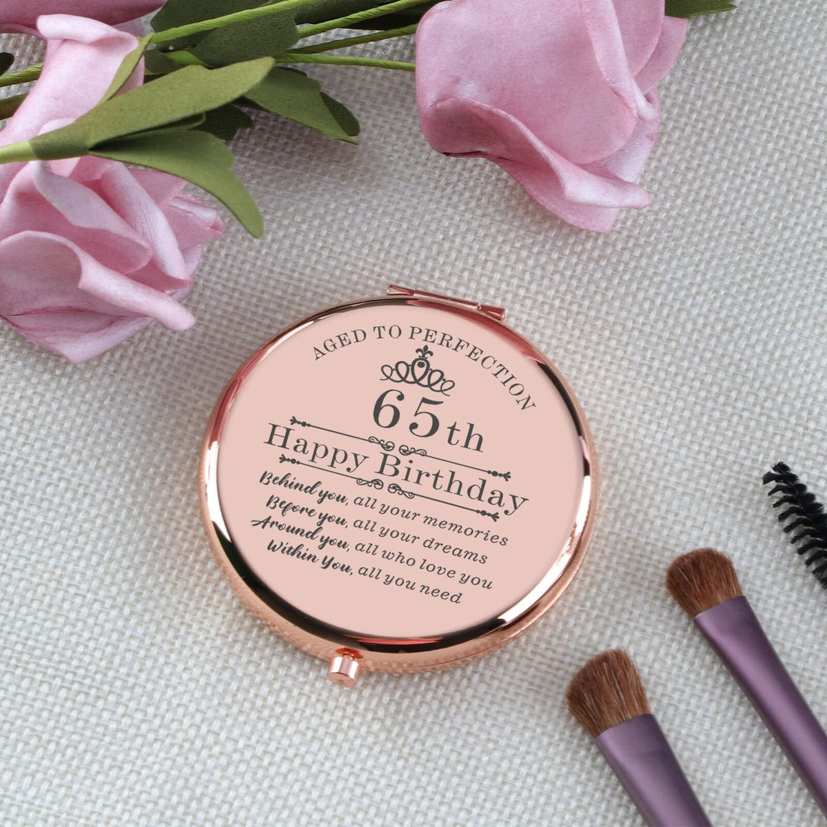 Rose Gold Compact Makeup Mirror - 65th Birthday Gift for Women