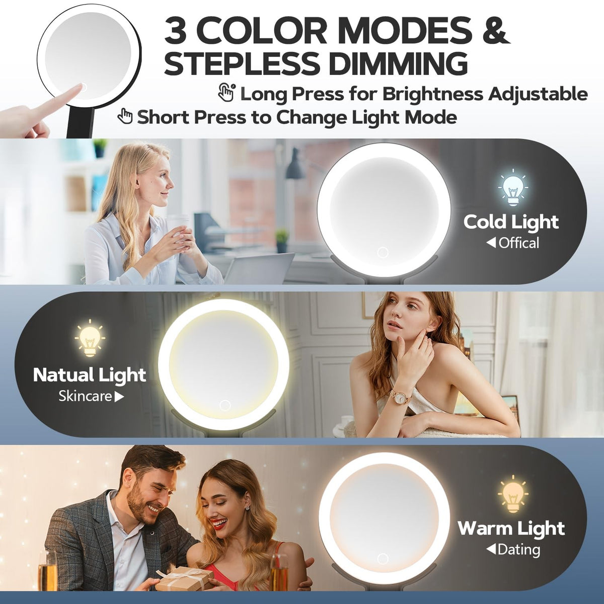 Lighted Makeup Mirror 30X Magnification with LED, Handheld & Hanging Black