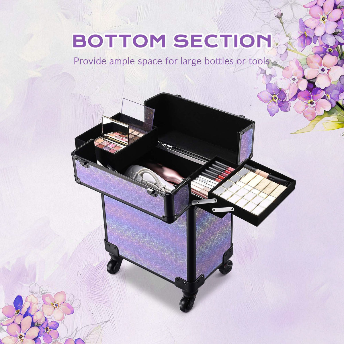 Rolling Makeup Train Case with Extendable Trays - Purple Charm Design