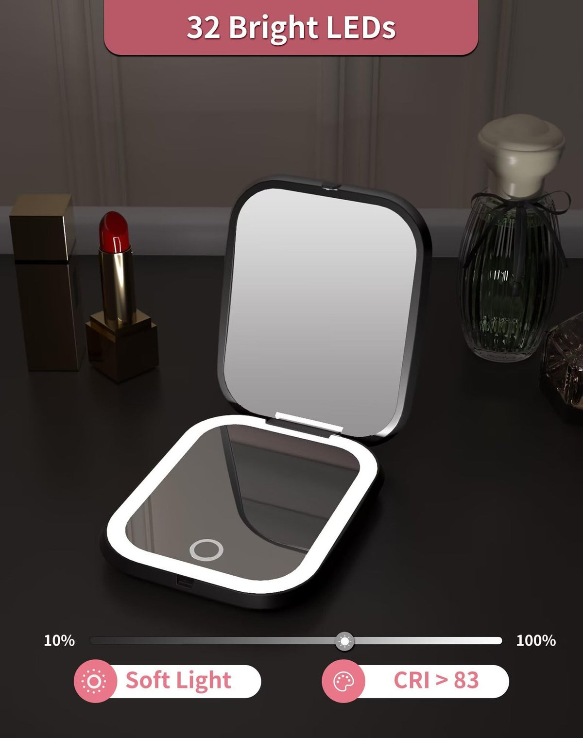 Rechargeable 5X Magnification LED Travel Makeup Mirror Dimmable Black