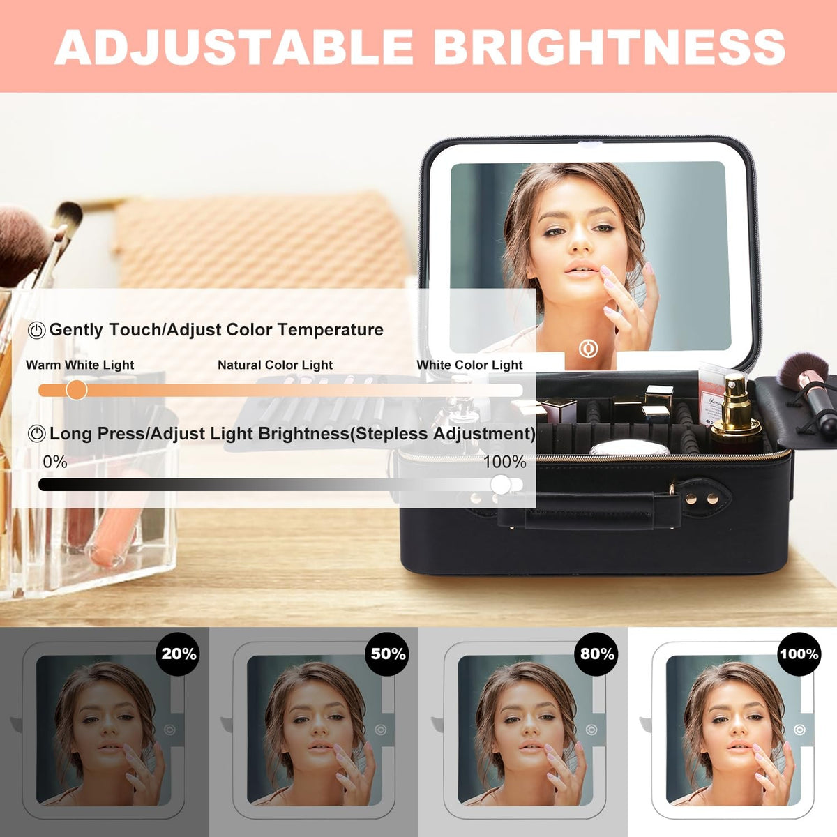 Travel Makeup Bag with LED Lighted Mirror, Waterproof Cosmetic Organizer