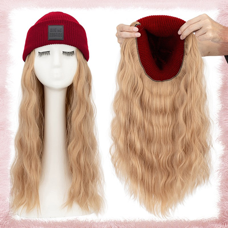 Women Knitted Wavy Wig Winter Beanie Hat - Long Curly Synthetic Hair