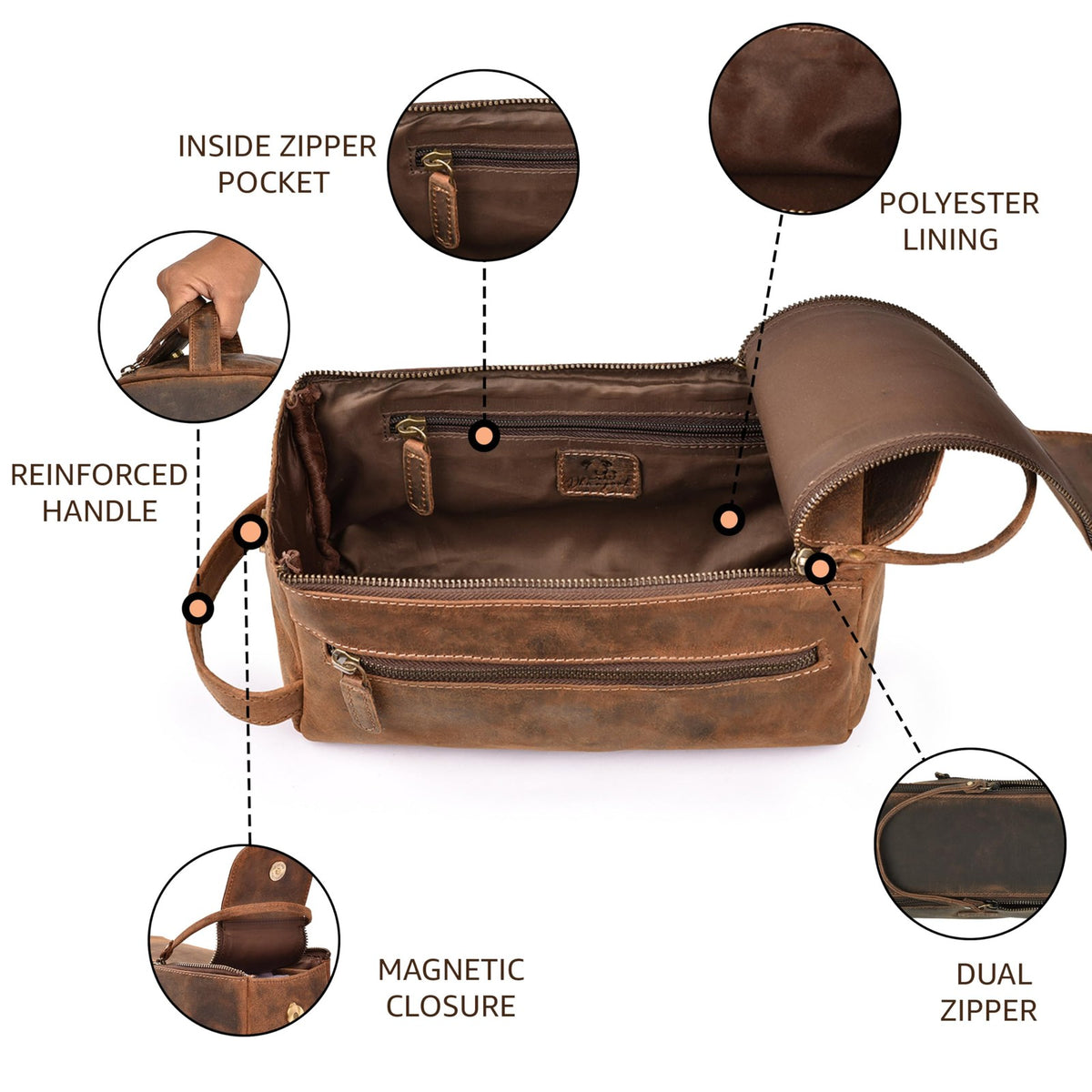 Genuine Leather Travel Toiletry Bag - Water-Resistant Dopp Kit for Men & Women