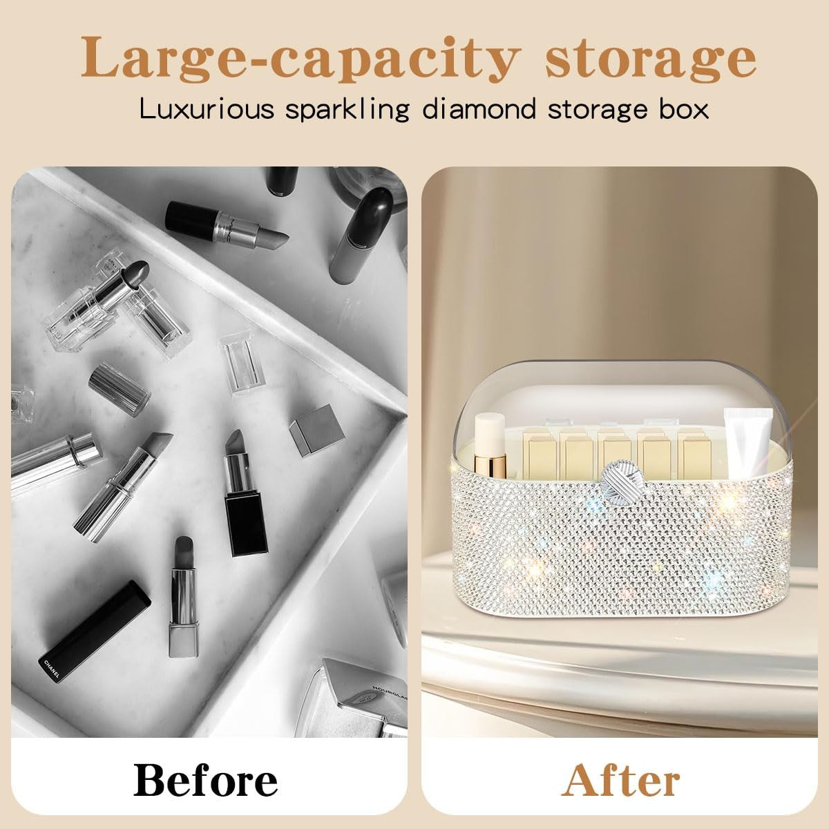 Large Capacity Acrylic Makeup Organizer with Lid and Shiny Glass Diamonds