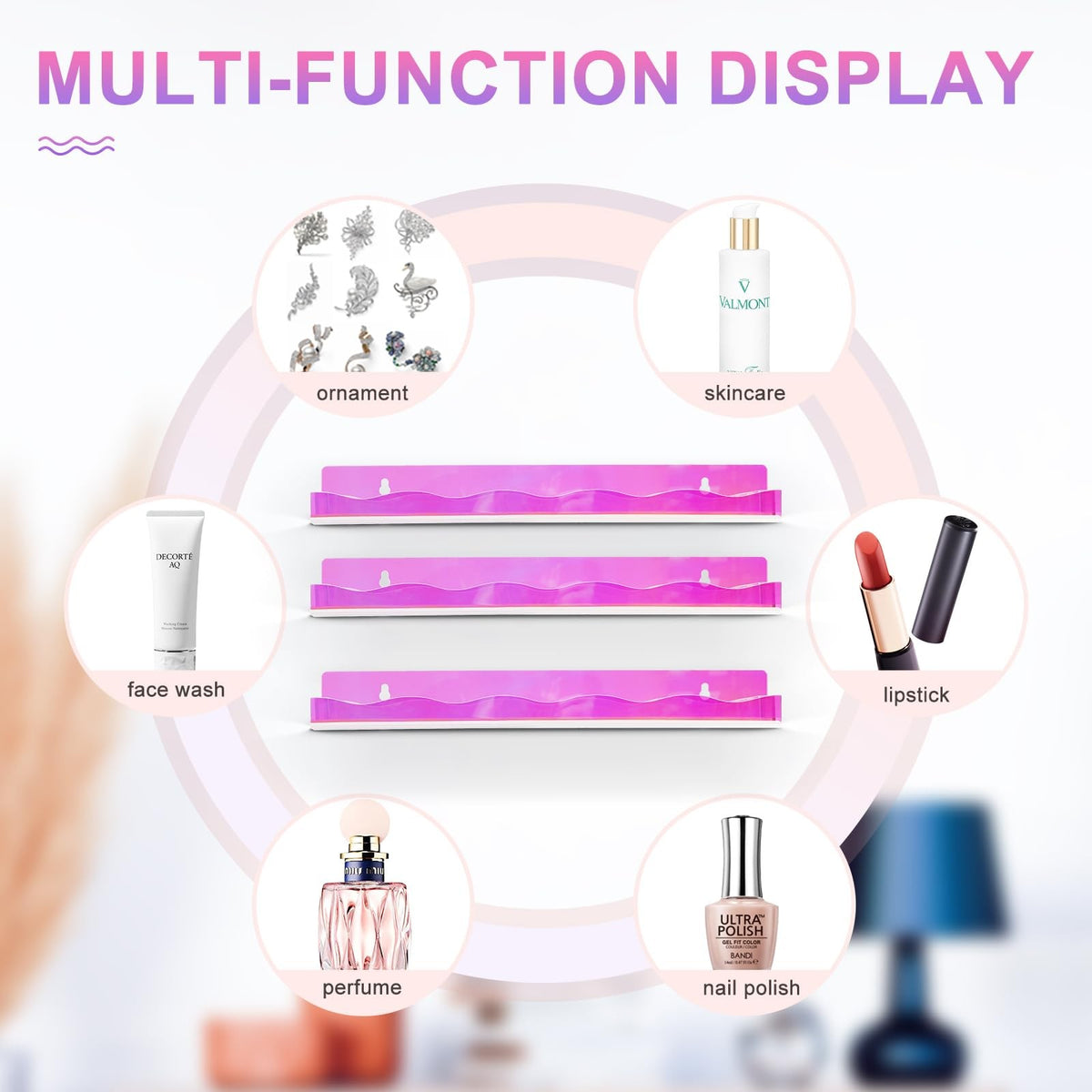 Iridescent Wall-Mounted Shelves for Nail Polish & Makeup Storage - 6 Pack