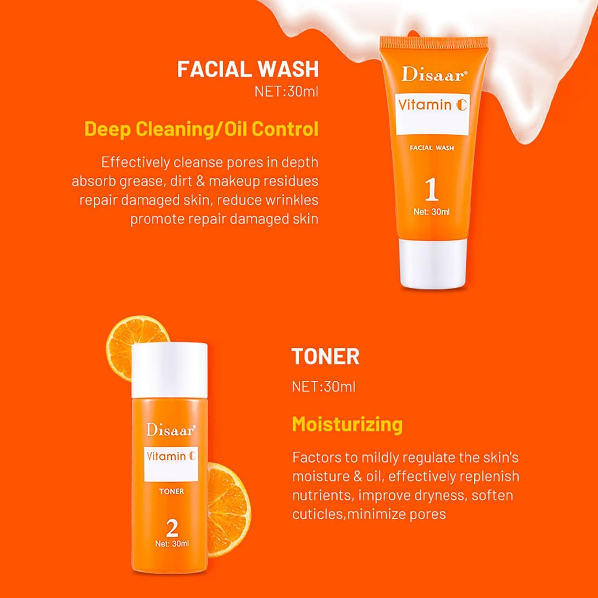 Vitamin C Skin Care Set with Orange Extract - Travel Kit, Brightening & Hydrating - 4 Pieces