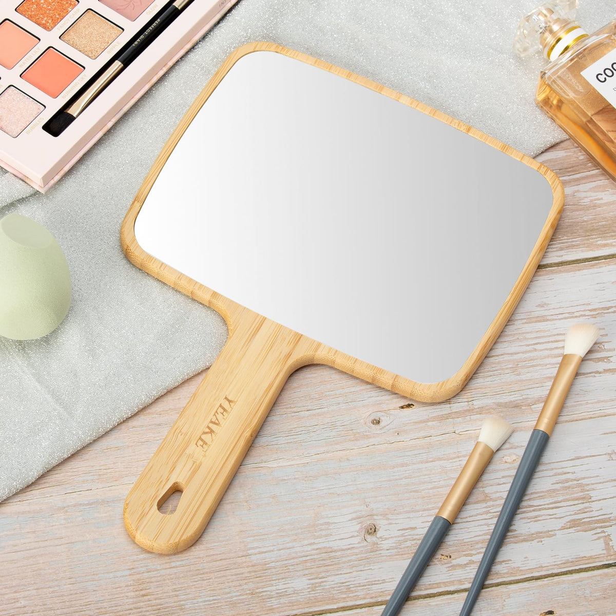 Natural Bamboo Hand Mirror with Handle - Portable & Large Viewing Area