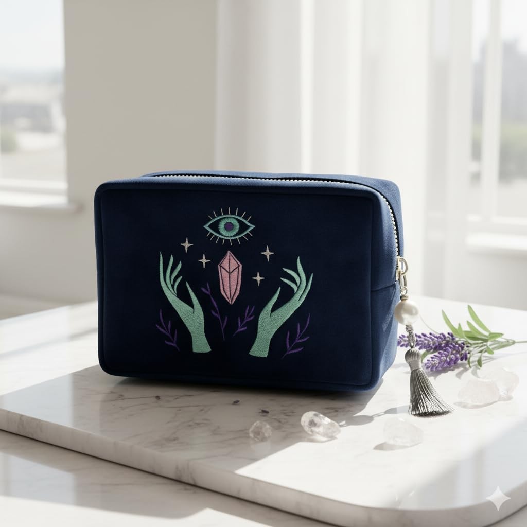 Velvet Tarot Card & Crystal Pouch with Embroidery, Zipper Closure, Gift Idea