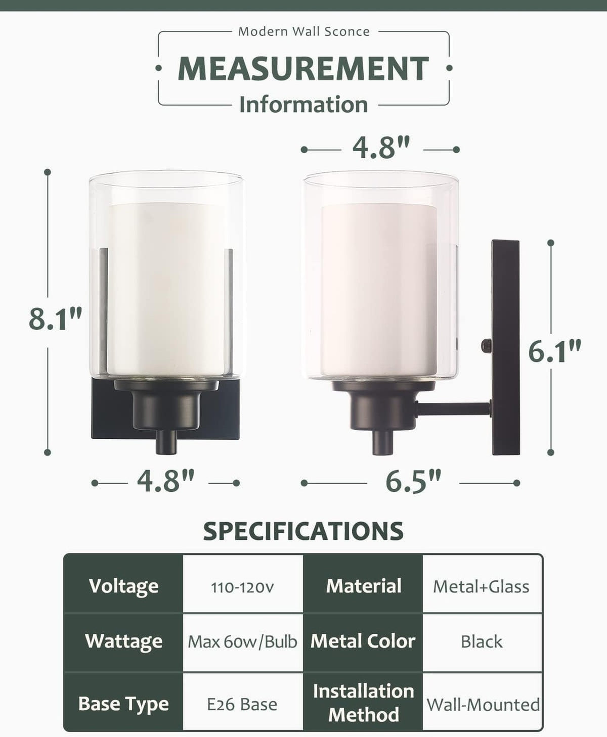 3-Pack Indoor Black Vanity Light Fixtures - 1-Light Wall Sconce with Dual Glass Shade, E26, Dimmable