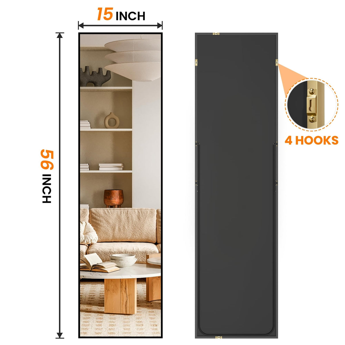 Full Length Floor Mirror 56 x 15 Inches with Aluminum Frame - Standing & Wall Mountable