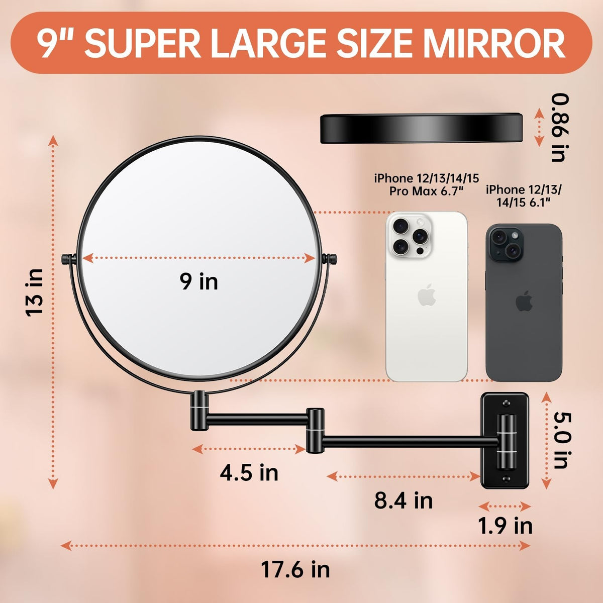 Large Wall Mounted Makeup Mirror 9 Inch 1X/10X Magnification with Extendable Arm