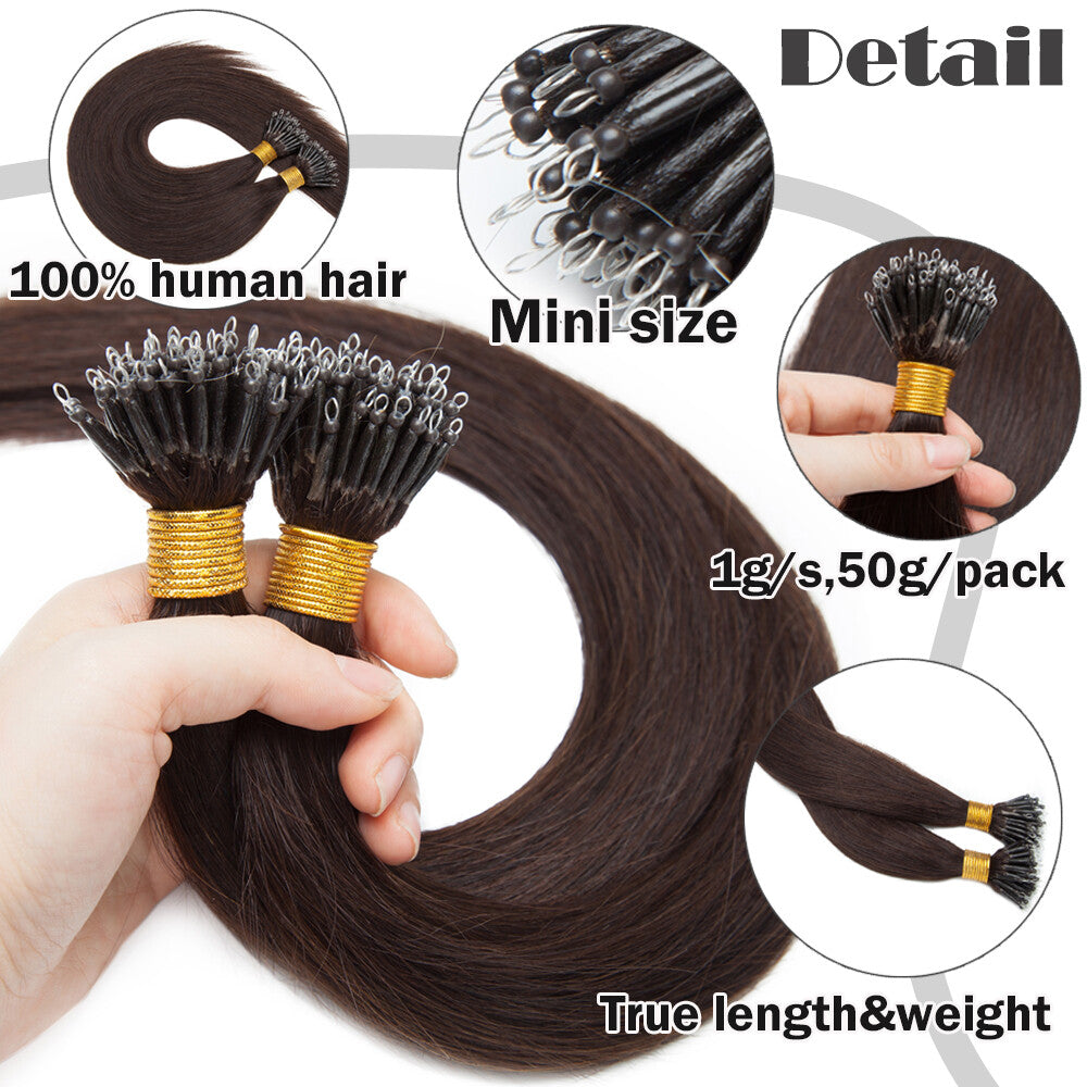 Beads Hair Extensions Nano Bean Remy Micro Loop Link I Tip - Multiple Colors & Lengths