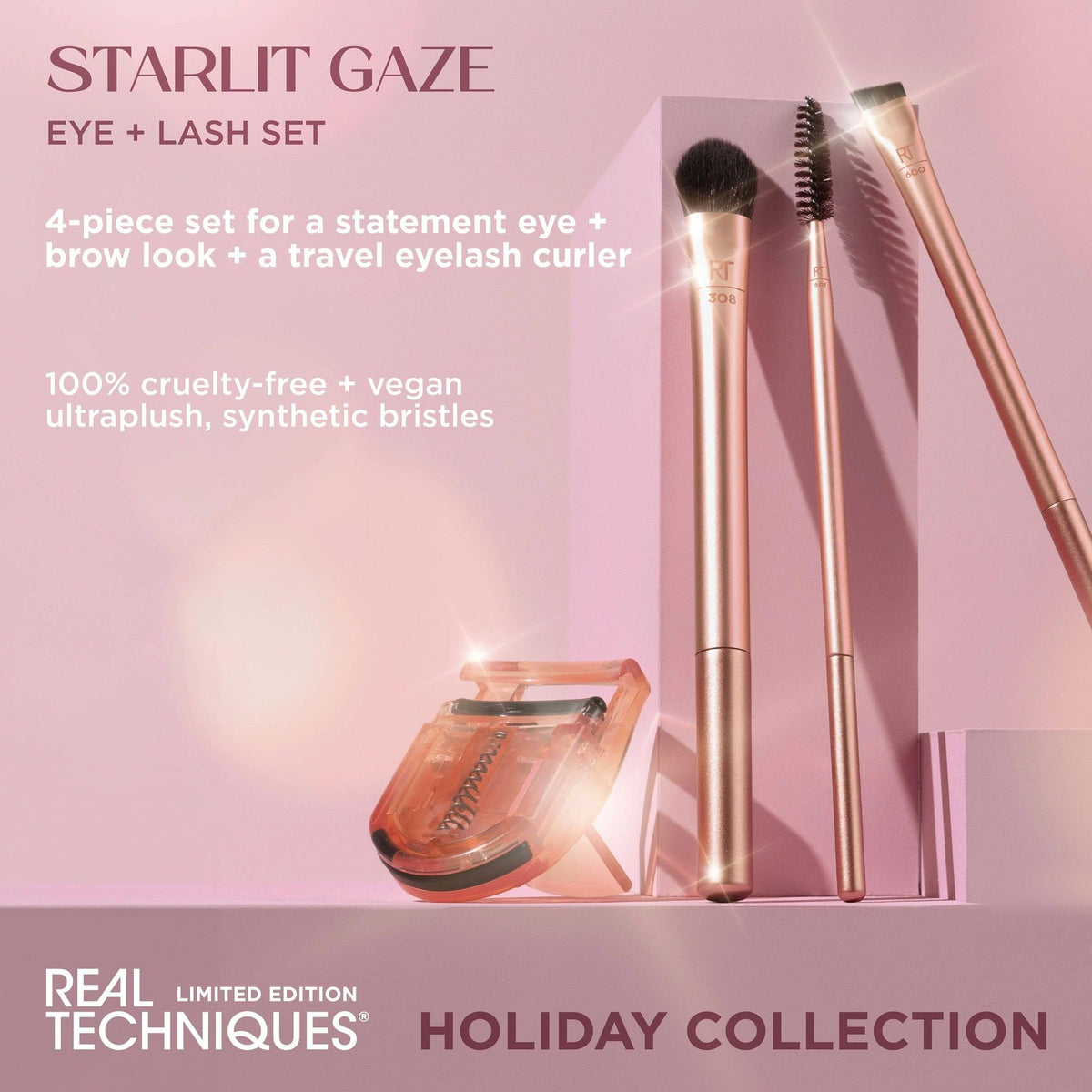 Eye Makeup Brush Set with Lash Curler - 4 Piece Holiday Gift Set
