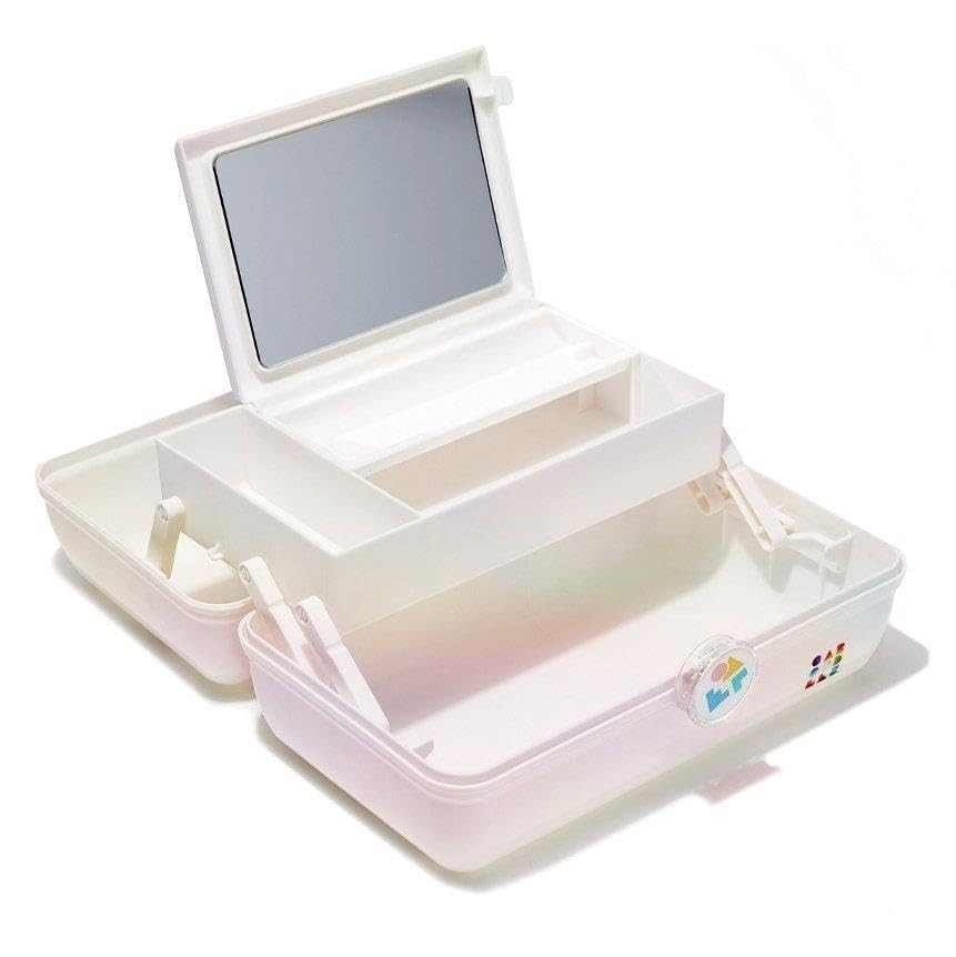 Makeup Organizer Box with Mirror, Hard Plastic, Secure Latch, Spacious Storage
