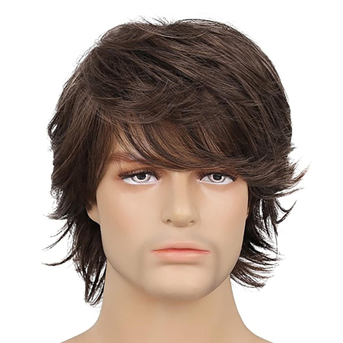 Mens Short Brown Synthetic Wig with Bangs - Natural Wave, Adjustable Cap
