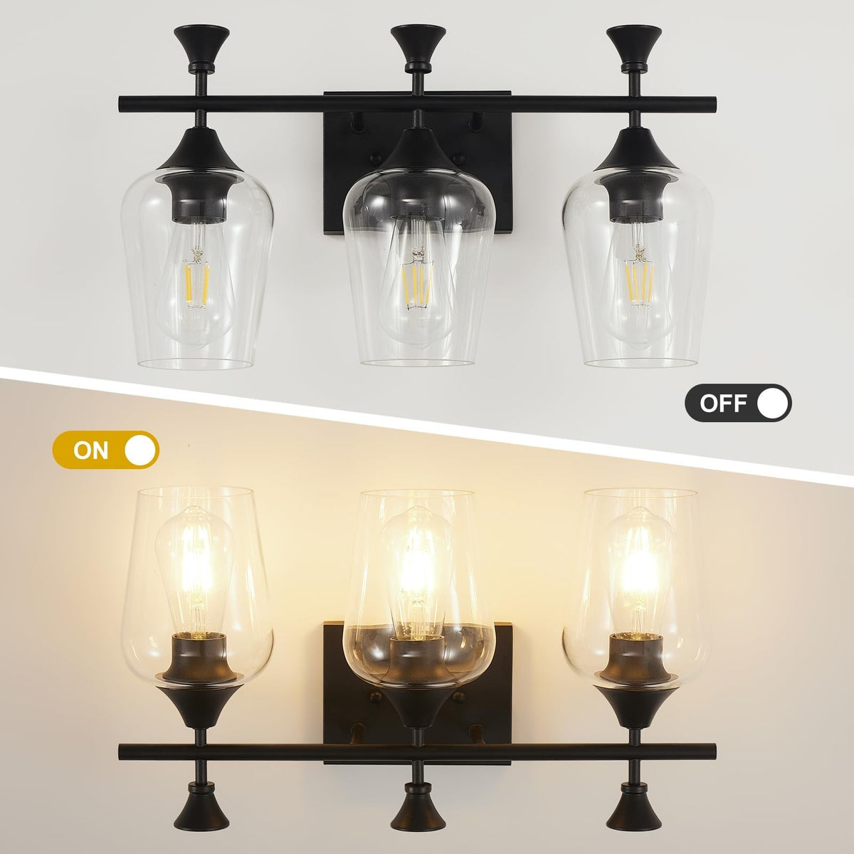 3-Light Matte Black Bathroom Vanity Light Fixture with Clear Wine Glass Shades - Modern Wall Sconce, 19 Inch