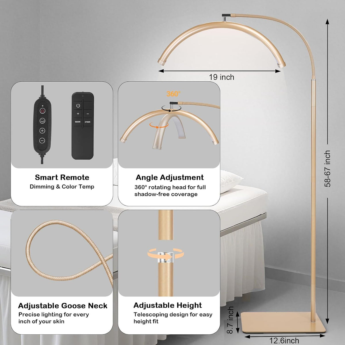 Dimmable LED Lash Light for Eyelash Extensions & Estheticians, Adjustable Floor Lamp with Gooseneck